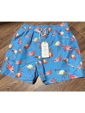 Vacancy Mens Blue Flamingo Swim Shorts Size M Drawstring Waist & Back Pocket